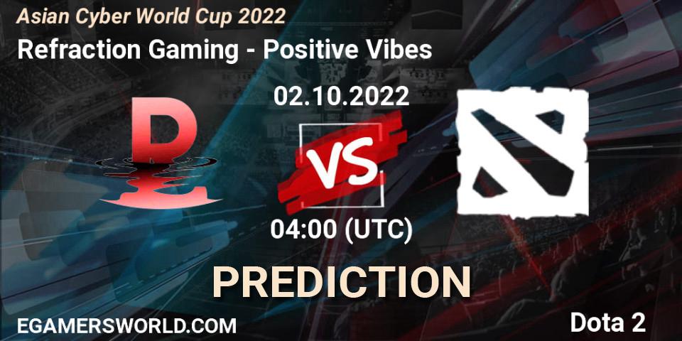 Refraction Gaming vs Positive Vibes: Betting TIp, Match Prediction. 02.10.2022 at 04:14. Dota 2, Asian Cyber World Cup 2022