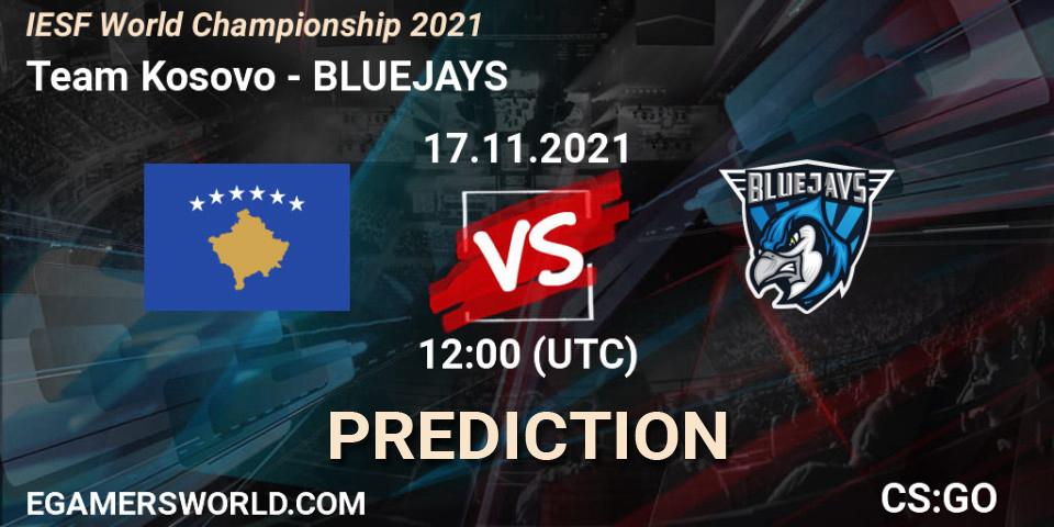 Team Kosovo vs BLUEJAYS: Betting TIp, Match Prediction. 17.11.2021 at 12:00. Counter-Strike (CS2), IESF World Championship 2021