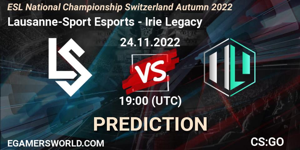 Lausanne-Sport Esports vs Irie Legacy: Betting TIp, Match Prediction. 23.11.2022 at 19:00. Counter-Strike (CS2), ESL National Championship Switzerland Autumn 2022
