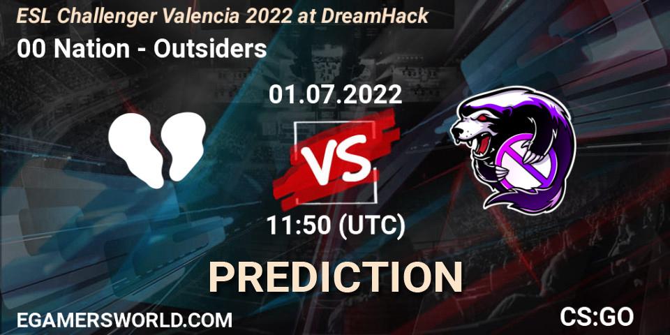 00 Nation vs Outsiders: Betting TIp, Match Prediction. 01.07.2022 at 12:00. Counter-Strike (CS2), ESL Challenger Valencia 2022 at DreamHack