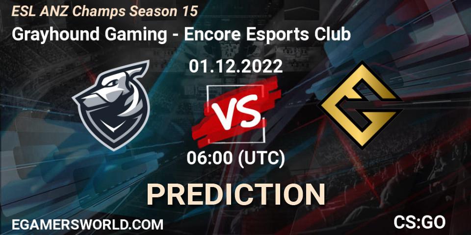 Grayhound Gaming vs Encore Esports Club: Betting TIp, Match Prediction. 01.12.2022 at 06:00. Counter-Strike (CS2), ESL ANZ Champs Season 15