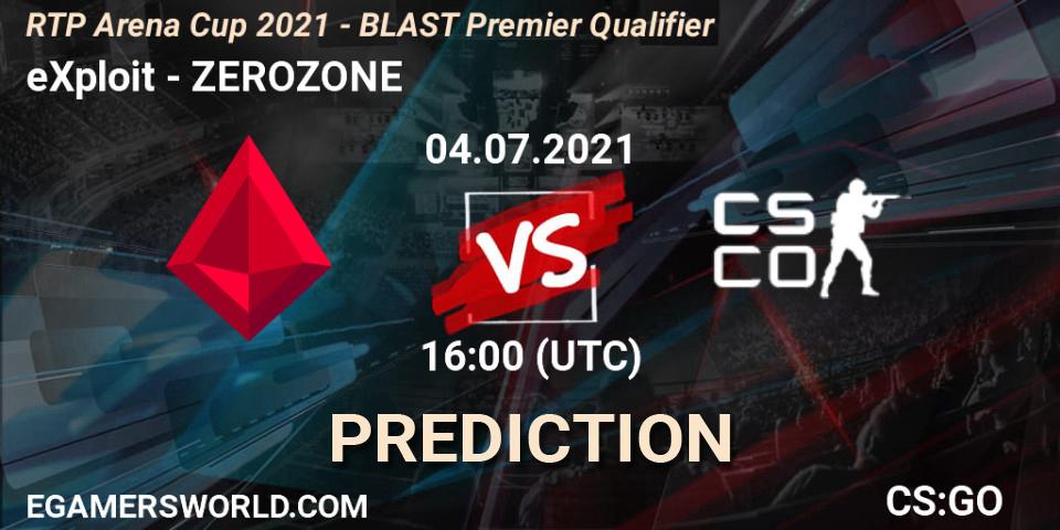 eXploit vs ZEROZONE: Betting TIp, Match Prediction. 04.07.2021 at 15:00. Counter-Strike (CS2), RTP Arena Cup 2021 - BLAST Premier Qualifier