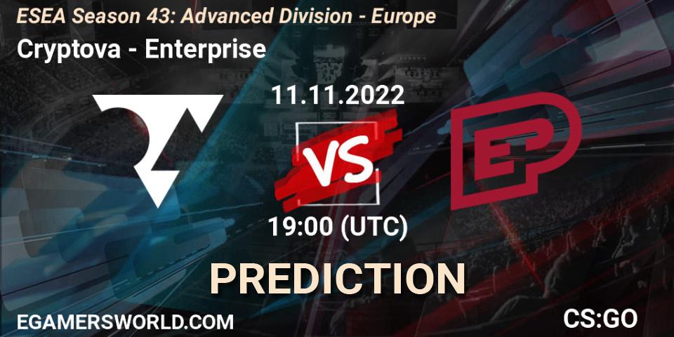 Cryptova vs Enterprise: Betting TIp, Match Prediction. 11.11.2022 at 19:00. Counter-Strike (CS2), ESEA Season 43: Advanced Division - Europe
