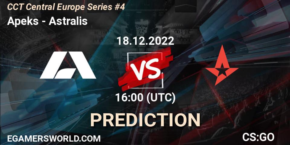 Apeks vs Astralis: Betting TIp, Match Prediction. 18.12.2022 at 15:15. Counter-Strike (CS2), CCT Central Europe Series #4