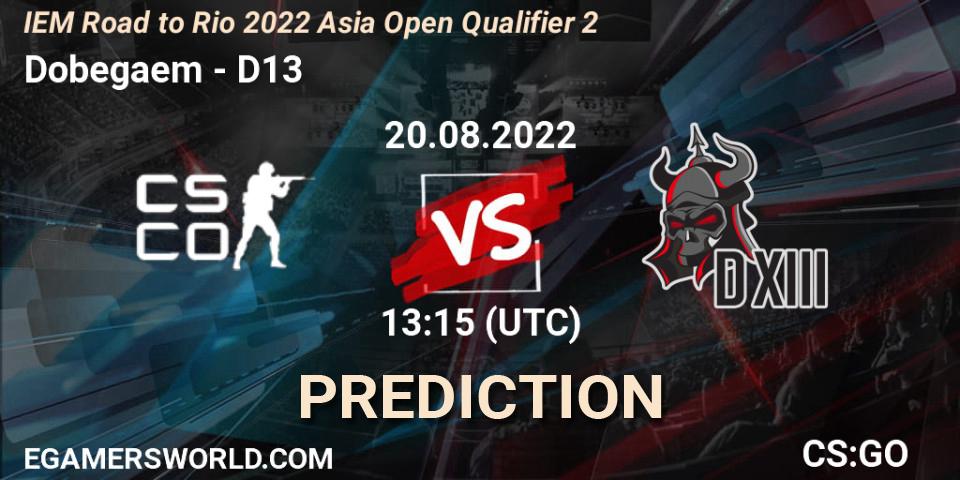 Dobegaem vs D13: Betting TIp, Match Prediction. 20.08.2022 at 13:15. Counter-Strike (CS2), IEM Road to Rio 2022 Asia Open Qualifier 2