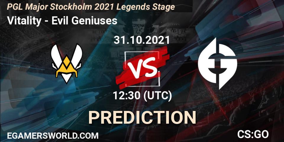 Vitality vs Evil Geniuses: Betting TIp, Match Prediction. 31.10.2021 at 12:50. Counter-Strike (CS2), PGL Major Stockholm 2021 Legends Stage