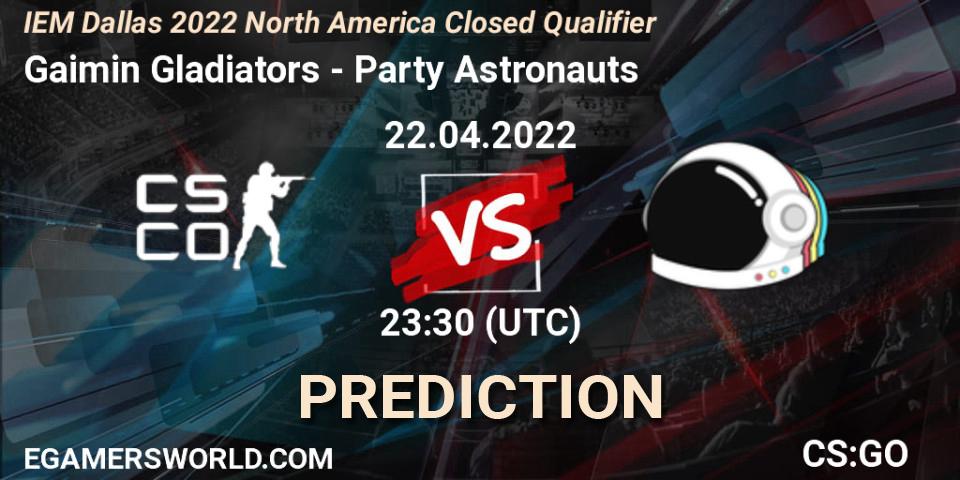 Gaimin Gladiators vs Party Astronauts: Betting TIp, Match Prediction. 22.04.2022 at 23:30. Counter-Strike (CS2), IEM Dallas 2022 North America Closed Qualifier