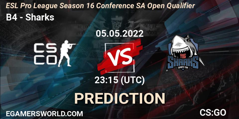B4 vs Sharks: Betting TIp, Match Prediction. 06.05.2022 at 20:00. Counter-Strike (CS2), ESL Pro League Season 16 Conference SA Open Qualifier