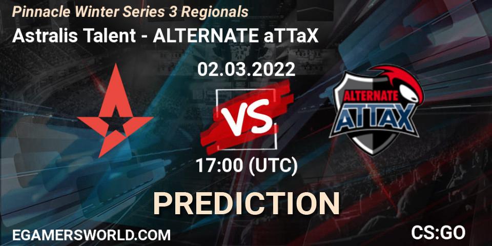 Astralis Talent vs ALTERNATE aTTaX: Betting TIp, Match Prediction. 02.03.2022 at 17:35. Counter-Strike (CS2), Pinnacle Winter Series 3 Regionals