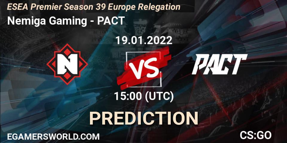 Nemiga Gaming vs PACT: Betting TIp, Match Prediction. 19.01.2022 at 15:00. Counter-Strike (CS2), ESEA Premier Season 39 Europe Relegation