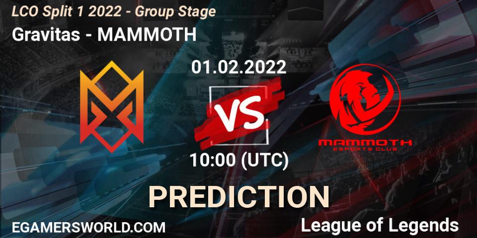 Gravitas vs MAMMOTH: Betting TIp, Match Prediction. 01.02.2022 at 10:00. LoL, LCO Split 1 2022 - Group Stage 