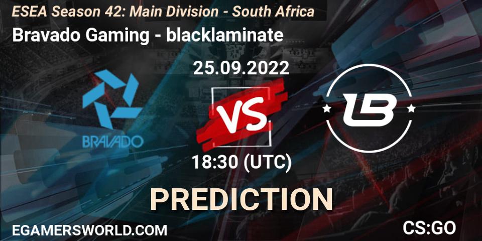 Bravado Gaming vs blacklaminate: Betting TIp, Match Prediction. 26.09.2022 at 17:30. Counter-Strike (CS2), ESEA Season 42: Main Division - South Africa