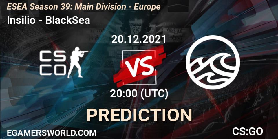 Insilio vs BlackSea: Betting TIp, Match Prediction. 20.12.2021 at 20:00. Counter-Strike (CS2), ESEA Season 39: Main Division - Europe