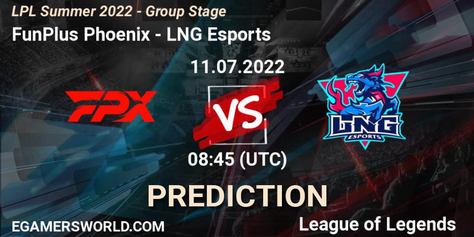 FunPlus Phoenix vs LNG Esports: Betting TIp, Match Prediction. 11.07.2022 at 09:00. LoL, LPL Summer 2022 - Group Stage