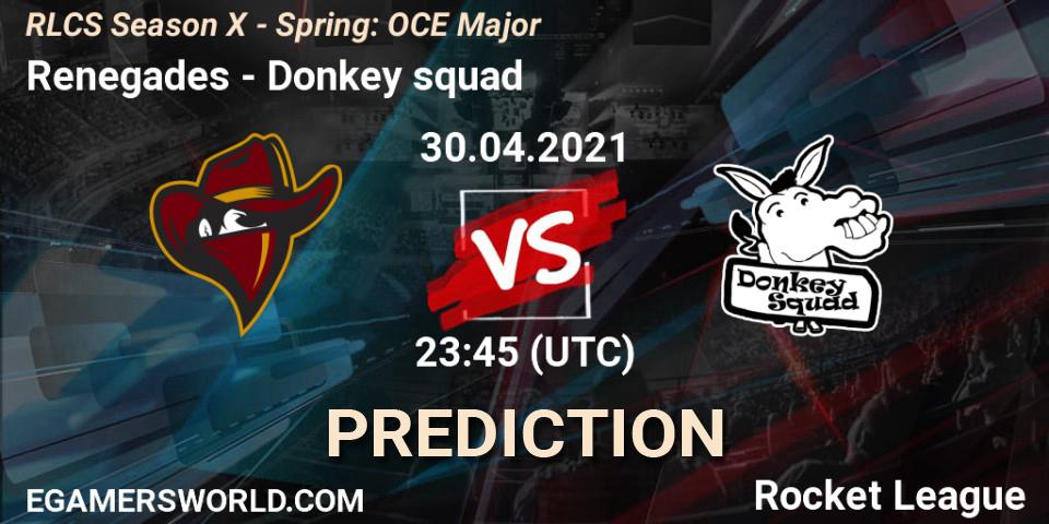 Renegades vs Donkey squad: Betting TIp, Match Prediction. 30.04.2021 at 23:45. Rocket League, RLCS Season X - Spring: OCE Major