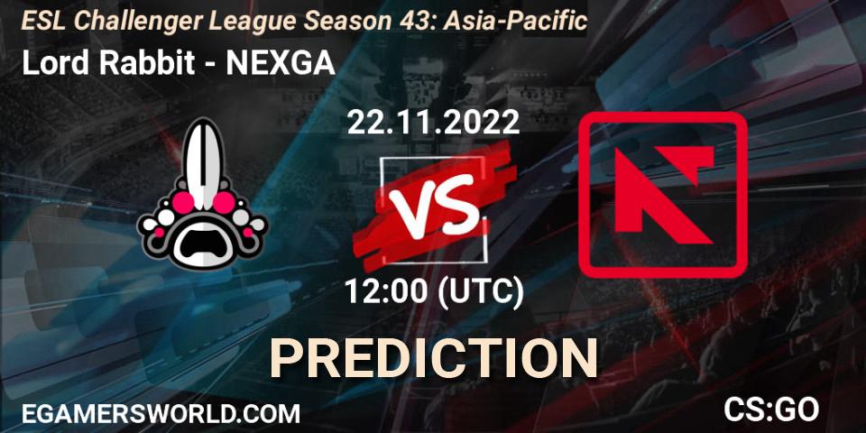 Lord Rabbit vs NEXGA: Betting TIp, Match Prediction. 22.11.2022 at 12:00. Counter-Strike (CS2), ESL Challenger League Season 43: Asia-Pacific