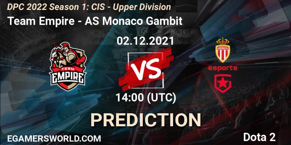Team Empire vs AS Monaco Gambit: Betting TIp, Match Prediction. 02.12.2021 at 14:25. Dota 2, DPC 2022 Season 1: CIS - Upper Division