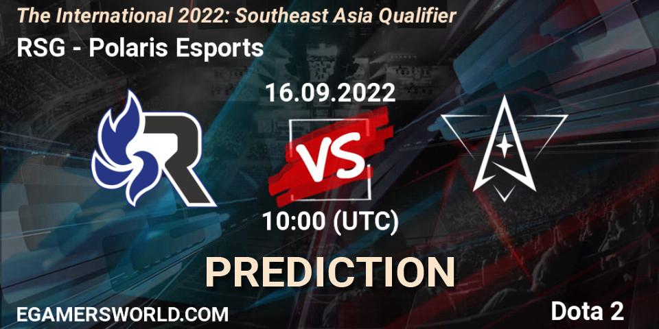 RSG vs Polaris Esports: Betting TIp, Match Prediction. 16.09.2022 at 09:19. Dota 2, The International 2022: Southeast Asia Qualifier