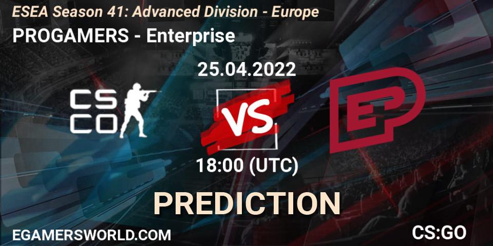 ProGamers vs Enterprise: Betting TIp, Match Prediction. 25.04.2022 at 18:00. Counter-Strike (CS2), ESEA Season 41: Advanced Division - Europe