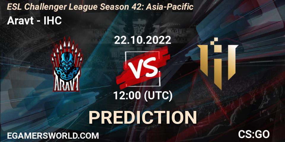Aravt vs IHC: Betting TIp, Match Prediction. 22.10.2022 at 12:00. Counter-Strike (CS2), ESL Challenger League Season 42: Asia-Pacific