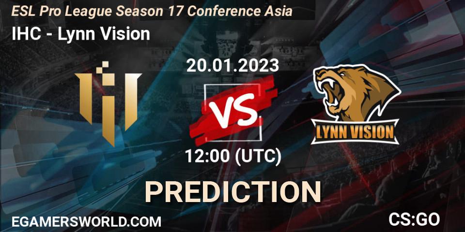 IHC vs Lynn Vision: Betting TIp, Match Prediction. 20.01.2023 at 12:00. Counter-Strike (CS2), ESL Pro League Season 17 Conference Asia