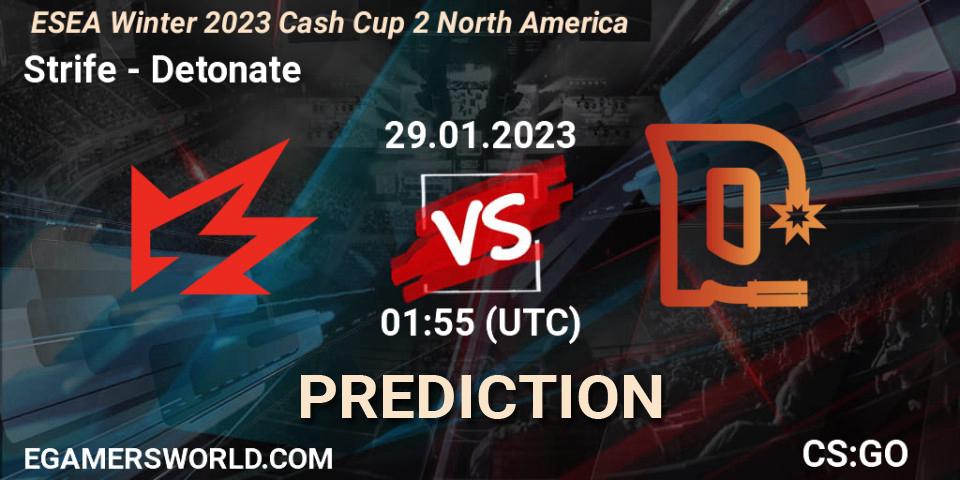 Strife vs Detonate: Betting TIp, Match Prediction. 29.01.2023 at 01:55. Counter-Strike (CS2), ESEA Cash Cup: North America - Winter 2023 #2