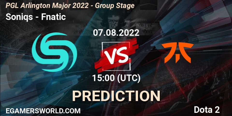 Soniqs vs Fnatic: Betting TIp, Match Prediction. 07.08.2022 at 15:00. Dota 2, PGL Arlington Major 2022 - Group Stage