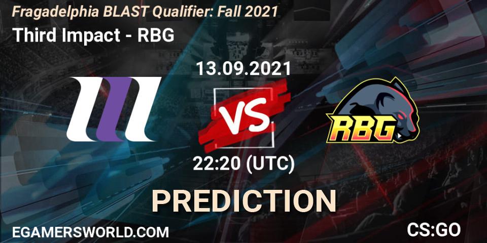 Third Impact vs RBG: Betting TIp, Match Prediction. 13.09.2021 at 22:20. Counter-Strike (CS2), Fragadelphia BLAST Qualifier: Fall 2021