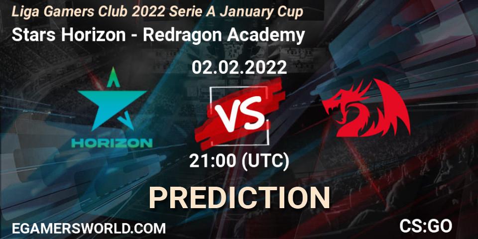 Stars Horizon vs Redragon Academy: Betting TIp, Match Prediction. 02.02.2022 at 21:00. Counter-Strike (CS2), Liga Gamers Club 2022 Serie A January Cup