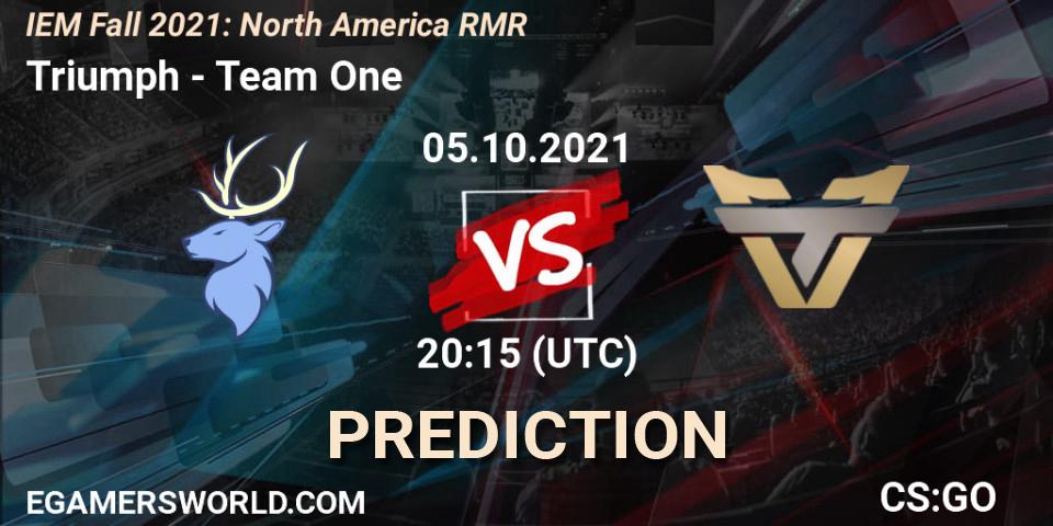 Triumph vs Team One: Betting TIp, Match Prediction. 05.10.2021 at 20:45. Counter-Strike (CS2), IEM Fall 2021: North America RMR