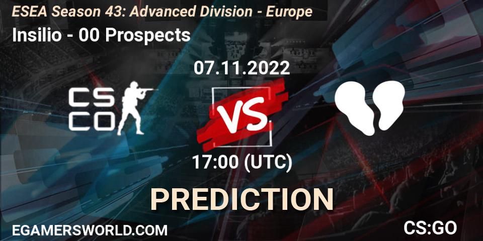 Insilio vs 00 Prospects: Betting TIp, Match Prediction. 07.11.2022 at 17:00. Counter-Strike (CS2), ESEA Season 43: Advanced Division - Europe