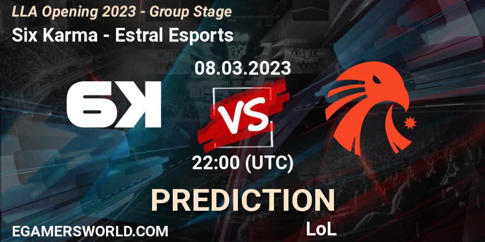Six Karma vs Estral Esports: Betting TIp, Match Prediction. 08.03.2023 at 22:00. LoL, LLA Opening 2023 - Group Stage