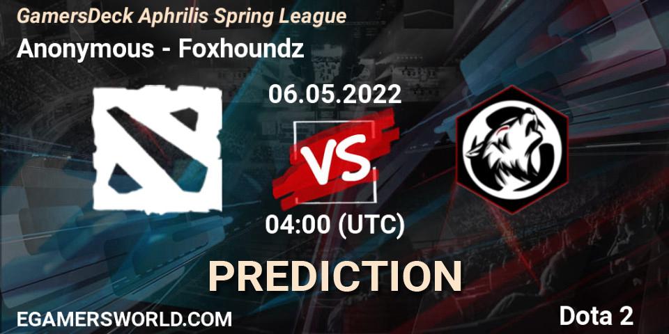 Anonymous vs Foxhoundz: Betting TIp, Match Prediction. 06.05.2022 at 03:48. Dota 2, GamersDeck Aphrilis Spring League