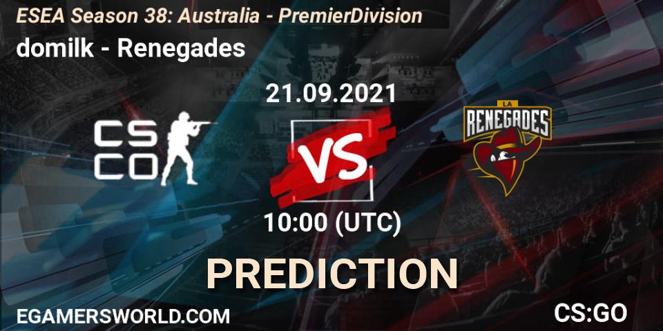 domilk vs Renegades: Betting TIp, Match Prediction. 21.09.2021 at 10:00. Counter-Strike (CS2), ESEA Season 38: Australia - Premier Division