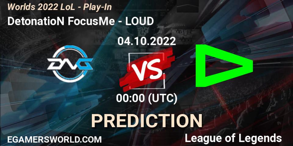 DetonatioN FocusMe vs LOUD: Betting TIp, Match Prediction. 30.09.2022 at 02:30. LoL, Worlds 2022 LoL - Play-In