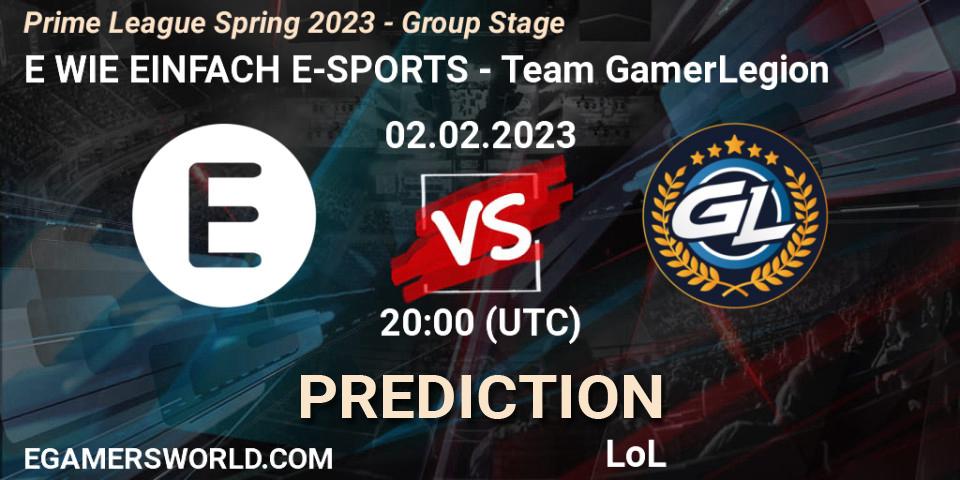 E WIE EINFACH E-SPORTS vs Team GamerLegion: Betting TIp, Match Prediction. 02.02.2023 at 18:00. LoL, Prime League Spring 2023 - Group Stage
