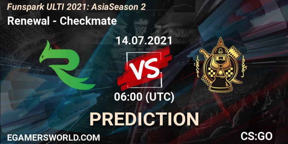 Renewal vs Checkmate: Betting TIp, Match Prediction. 14.07.2021 at 06:00. Counter-Strike (CS2), Funspark ULTI 2021: Asia Season 2