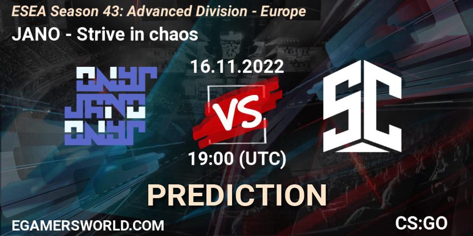 JANO vs Strive in chaos: Betting TIp, Match Prediction. 16.11.2022 at 19:00. Counter-Strike (CS2), ESEA Season 43: Advanced Division - Europe