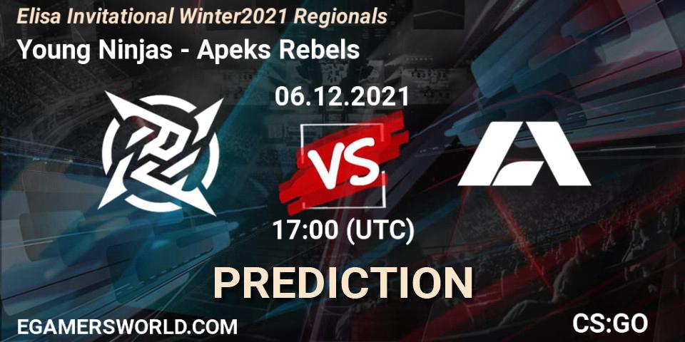 Young Ninjas vs Apeks Rebels: Betting TIp, Match Prediction. 06.12.2021 at 17:35. Counter-Strike (CS2), Elisa Invitational Winter 2021 Regionals