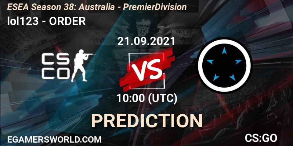 lol123 vs ORDER: Betting TIp, Match Prediction. 21.09.21. CS2 (CS:GO), ESEA Season 38: Australia - Premier Division