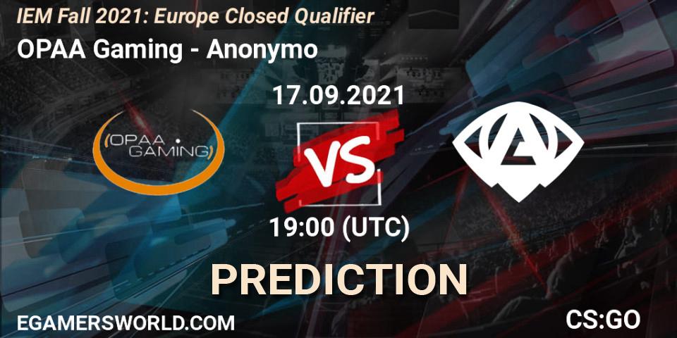 OPAA Gaming vs Anonymo: Betting TIp, Match Prediction. 17.09.2021 at 19:00. Counter-Strike (CS2), IEM Fall 2021: Europe Closed Qualifier