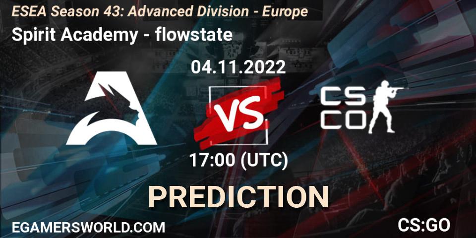 Spirit Academy vs flowstate: Betting TIp, Match Prediction. 04.11.2022 at 17:00. Counter-Strike (CS2), ESEA Season 43: Advanced Division - Europe