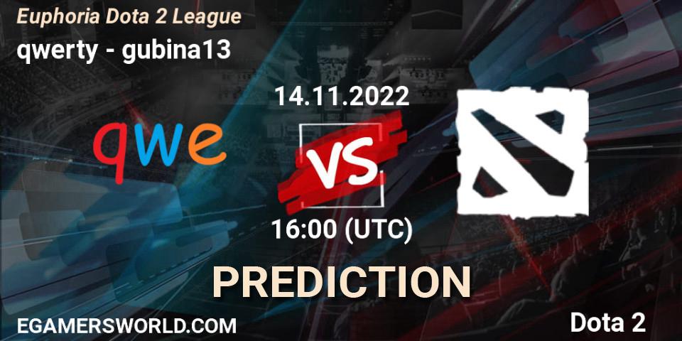qwerty vs gubina13: Betting TIp, Match Prediction. 14.11.2022 at 16:10. Dota 2, Euphoria Dota 2 League