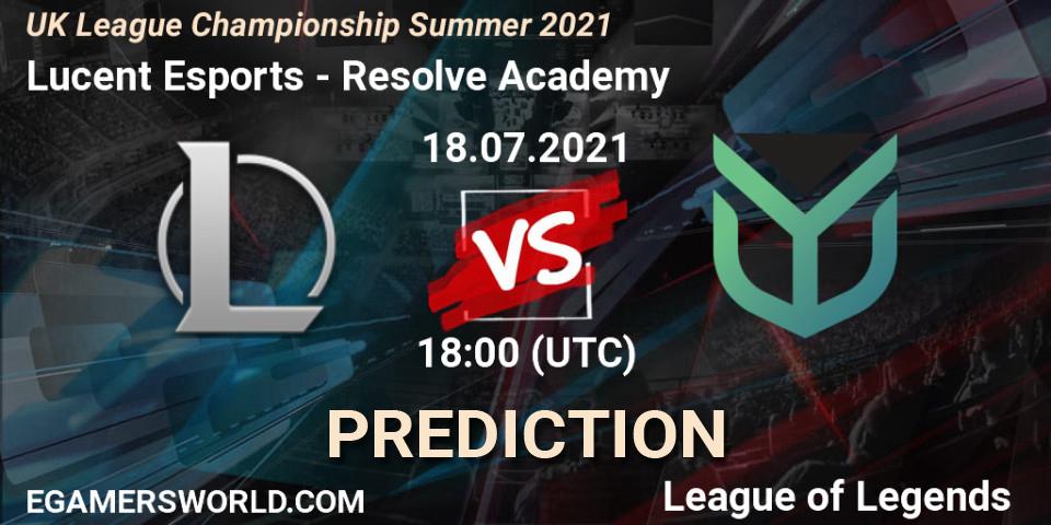 Lucent Esports vs Resolve Academy: Betting TIp, Match Prediction. 18.07.2021 at 18:45. LoL, UK League Championship Summer 2021