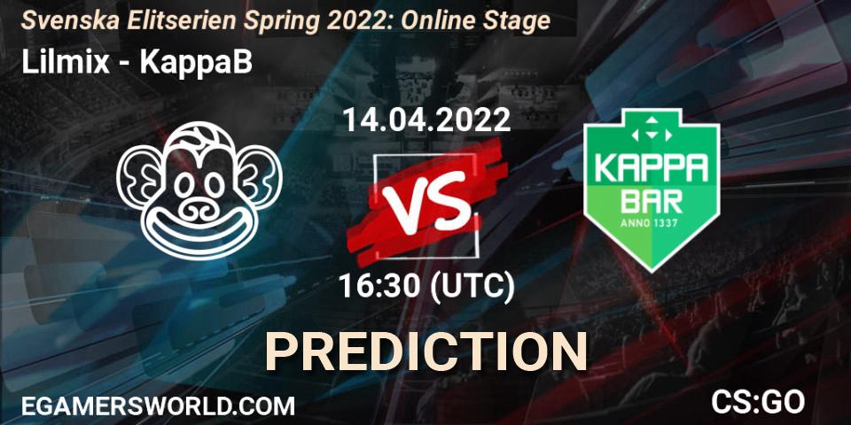 Lilmix vs KappaB: Betting TIp, Match Prediction. 14.04.2022 at 16:30. Counter-Strike (CS2), Svenska Elitserien Spring 2022: Online Stage