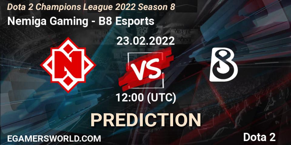 Nemiga Gaming vs B8 Esports: Betting TIp, Match Prediction. 23.02.2022 at 12:00. Dota 2, Dota 2 Champions League 2022 Season 8