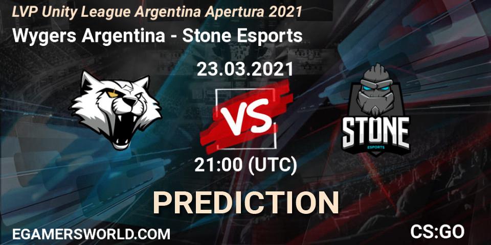 Wygers Argentina vs Stone Esports: Betting TIp, Match Prediction. 23.03.2021 at 21:00. Counter-Strike (CS2), LVP Unity League Argentina Apertura 2021