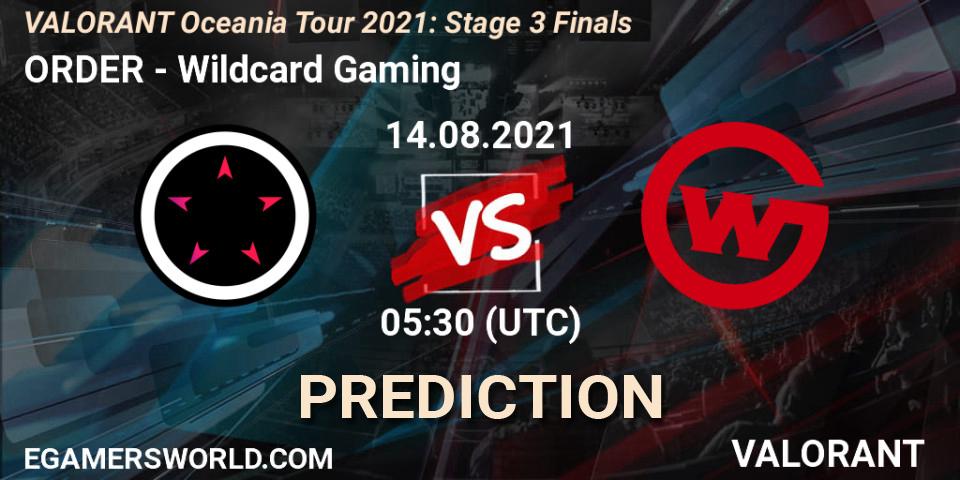 ORDER vs Wildcard Gaming: Betting TIp, Match Prediction. 14.08.2021 at 05:30. VALORANT, VALORANT Oceania Tour 2021: Stage 3 Finals