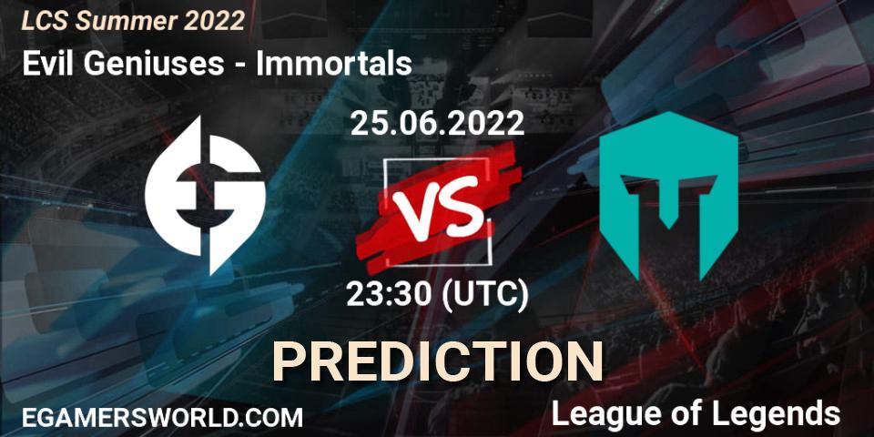 Evil Geniuses vs Immortals: Betting TIp, Match Prediction. 25.06.2022 at 23:30. LoL, LCS Summer 2022