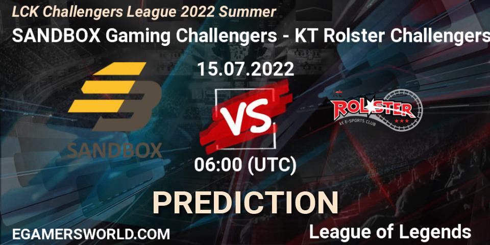 SANDBOX Gaming Challengers vs KT Rolster Challengers: Betting TIp, Match Prediction. 15.07.2022 at 06:00. LoL, LCK Challengers League 2022 Summer